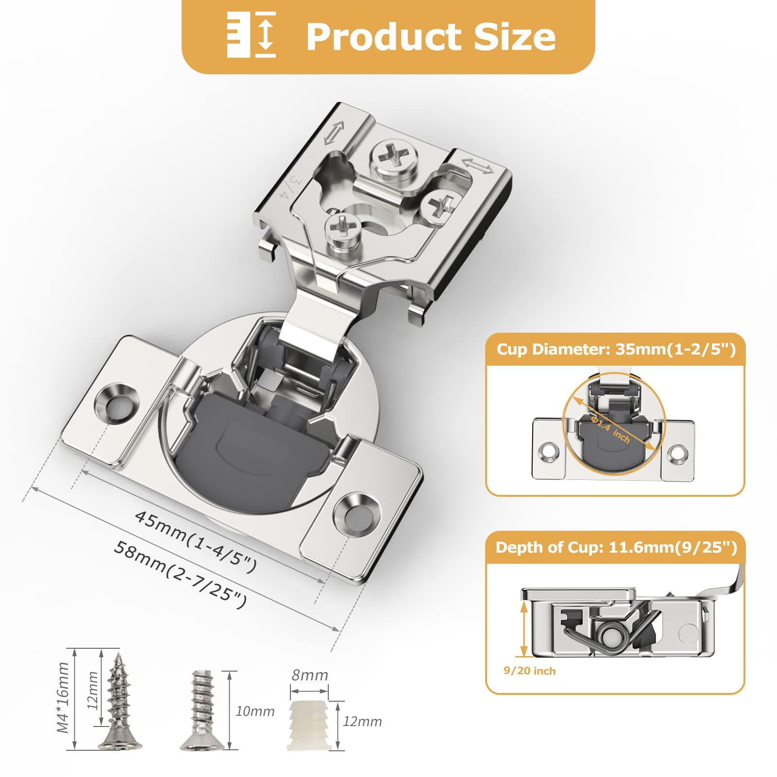 Furniware 20 Pieces Soft Closing Cabinet Hinges, 3/4 Inch Overlay ... for Retrofit Soft Close Cabinet Hinges Overlay Measurement And Cup Depth