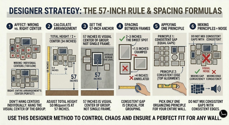 How to Hang a Gallery Wall: Plan on the Floor, Template the Wall, Then Hang at 57 Inches